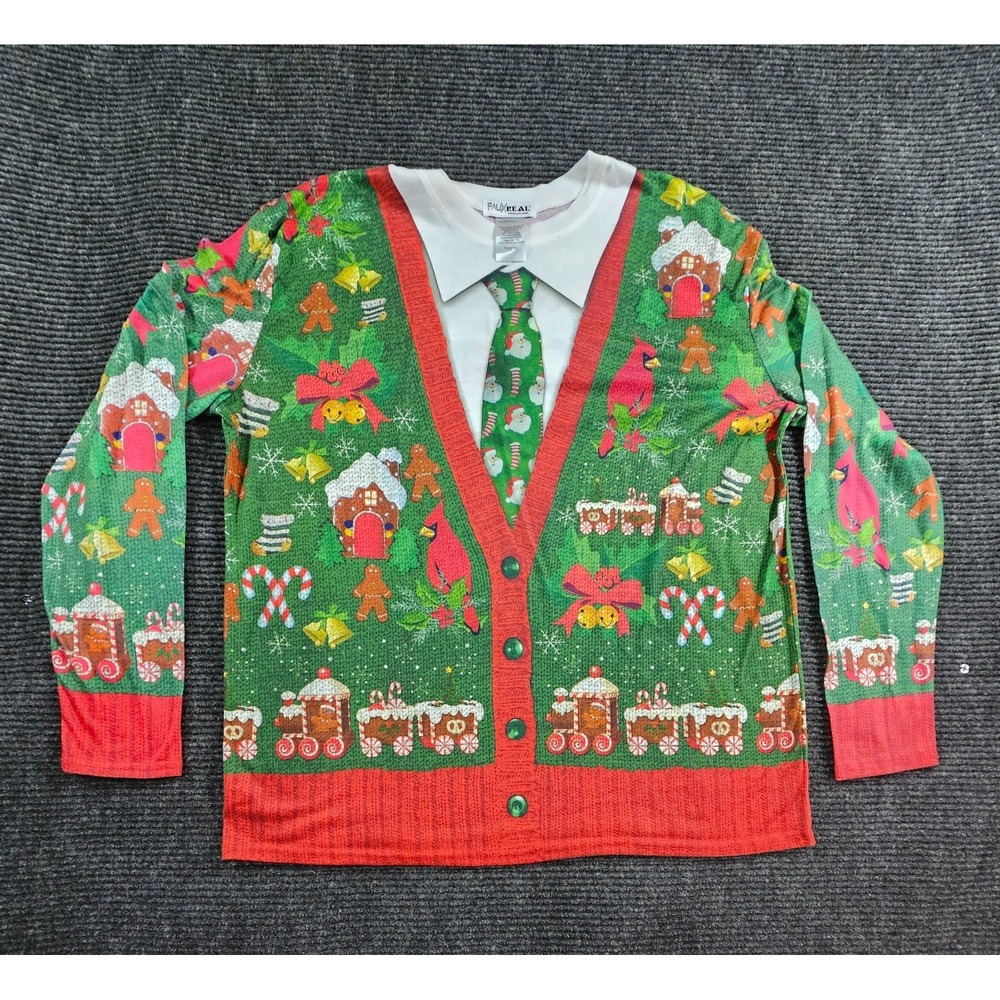 Faux Real T-Shirt Mens XL Green Fake Ugly Christmas Train Holiday Printed Tie